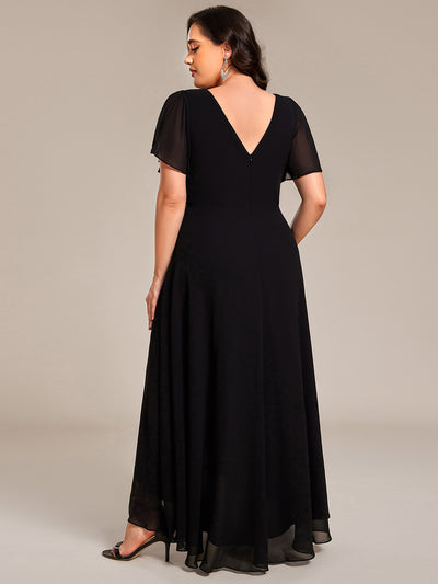 Chiffon Ruffle Sleeves Rhinestone Waist High-Low Wedding Guest Dress For Wedding #color_Black