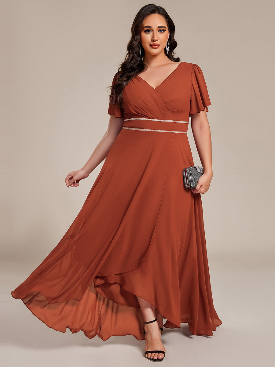 Chiffon Ruffle Sleeves Rhinestone Waist High-Low Evening Dress For Wedding #color_Burnt Orange