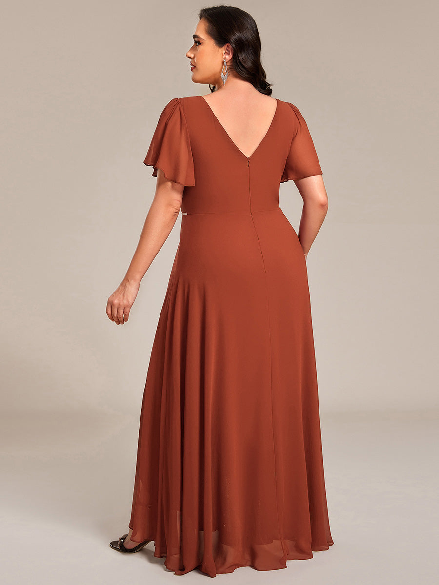 Chiffon Ruffle Sleeves Rhinestone Waist High-Low Evening Dress For Wedding #color_Burnt Orange