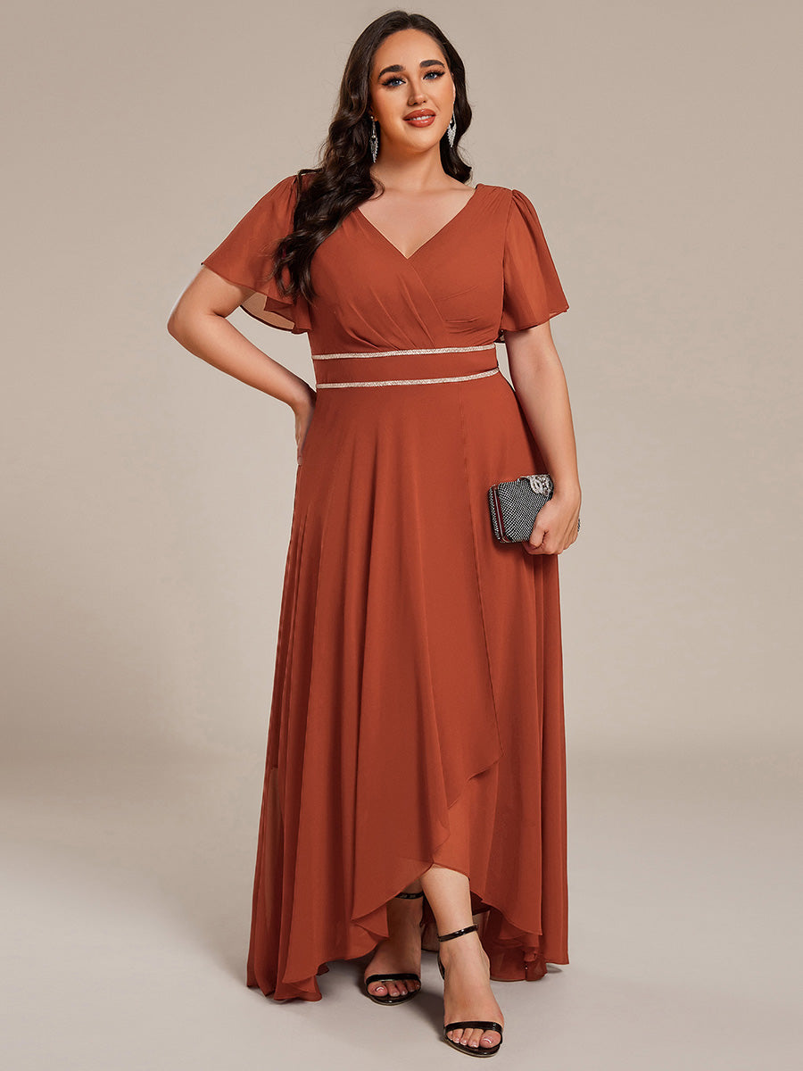 Chiffon Ruffle Sleeves Rhinestone Waist High-Low Evening Dress For Wedding #color_Burnt Orange