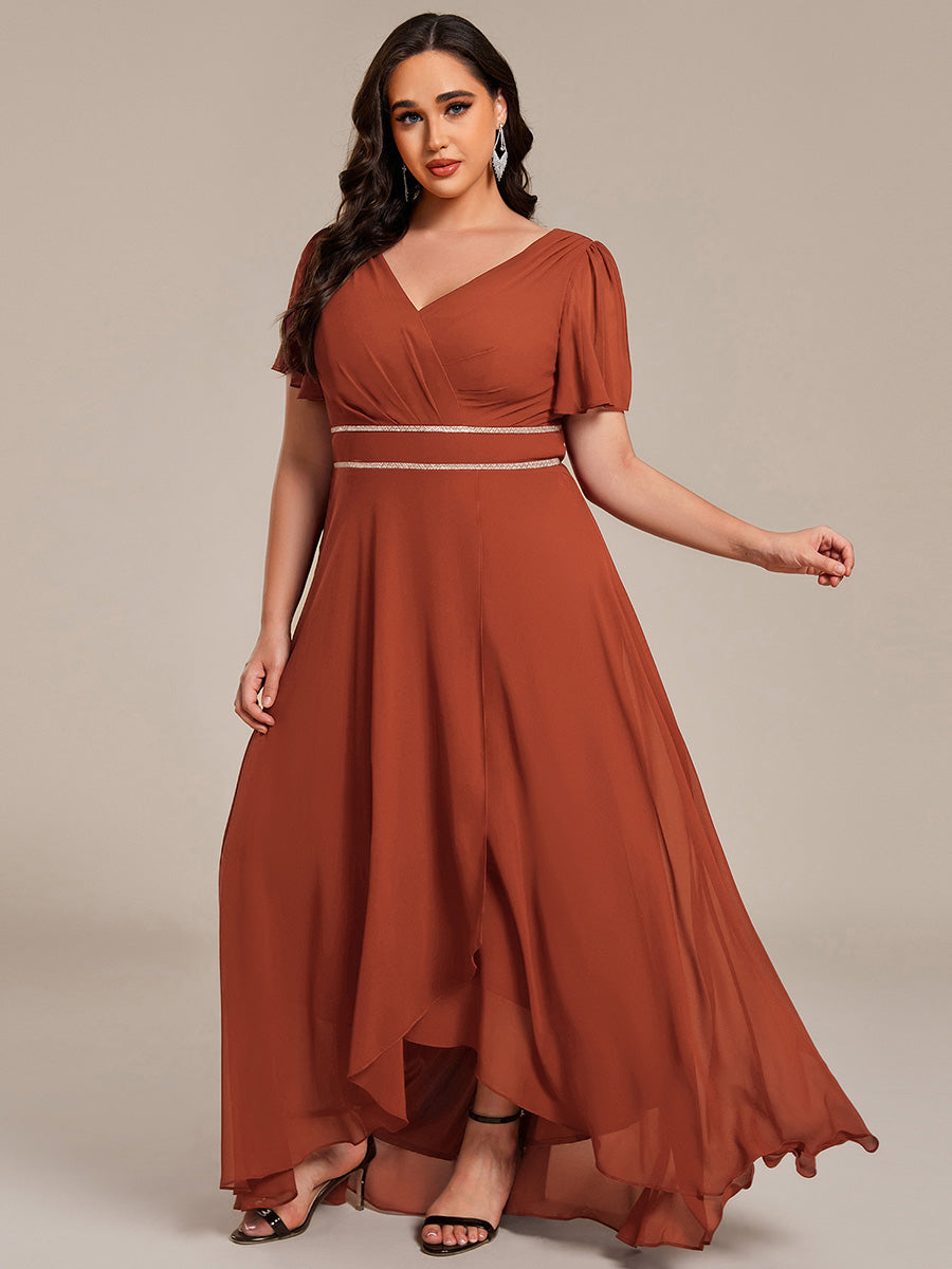 Chiffon Ruffle Sleeves Rhinestone Waist High-Low Evening Dress For Wedding #color_Burnt Orange