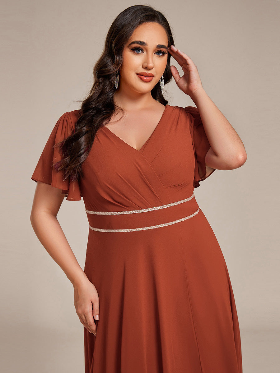 Chiffon Ruffle Sleeves Rhinestone Waist High-Low Evening Dress For Wedding #color_Burnt Orange