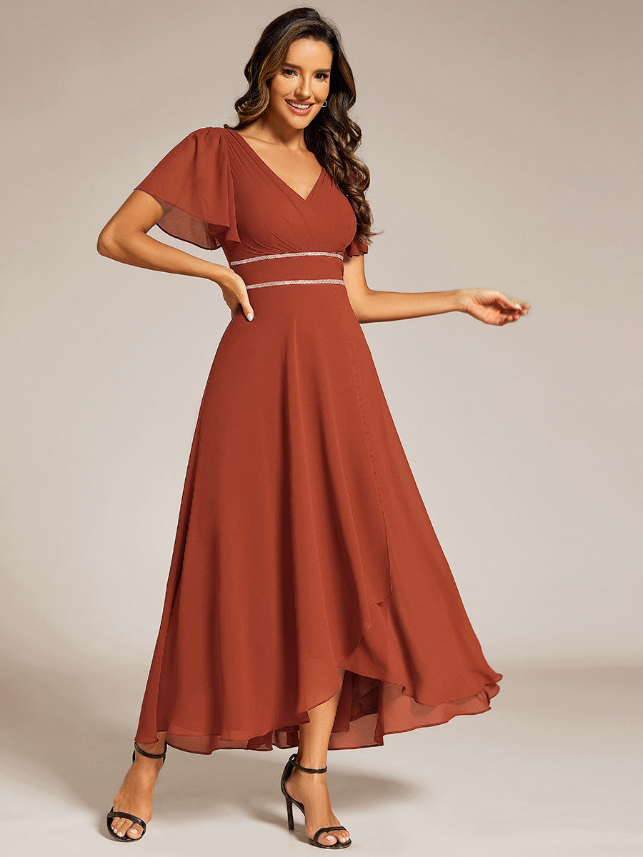 Chiffon Ruffle Sleeves Rhinestone Waist High-Low Evening Dress For Wedding #color_Burnt Orange