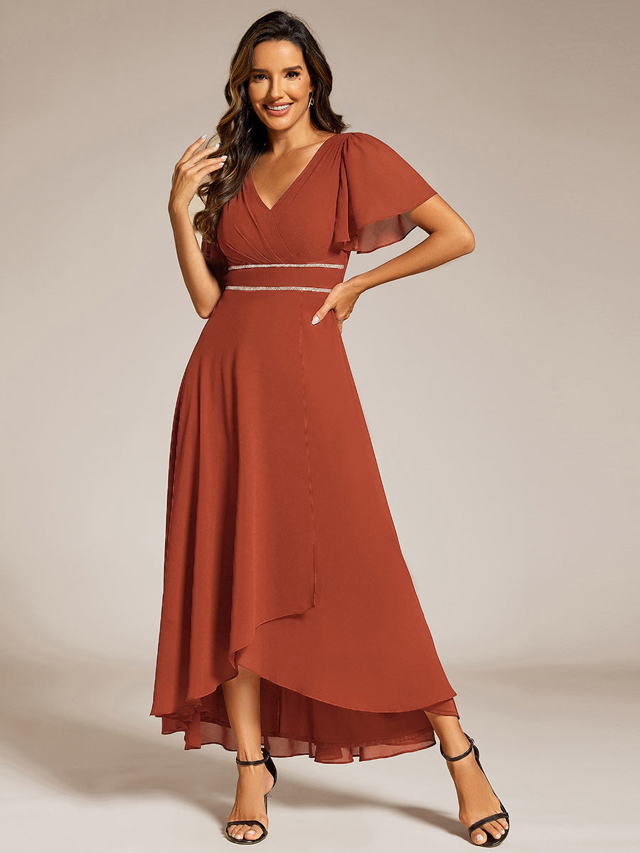 Chiffon Ruffle Sleeves Rhinestone Waist High-Low Evening Dress For Wedding #color_Burnt Orange