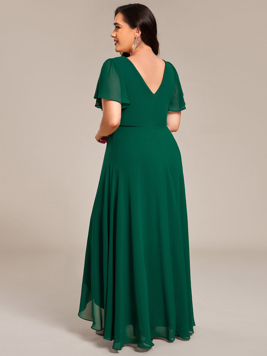 Chiffon Ruffle Sleeves Rhinestone Waist High-Low Wedding Guest Dress For Wedding #color_Dark Green