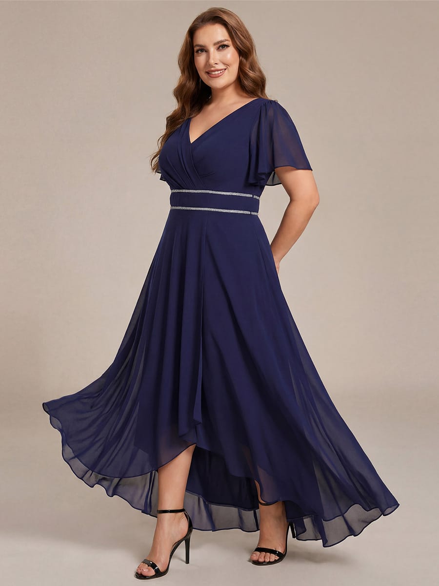 Chiffon Ruffle Sleeves Rhinestone Waist High-Low Evening Dress For Wedding #color_Navy Blue