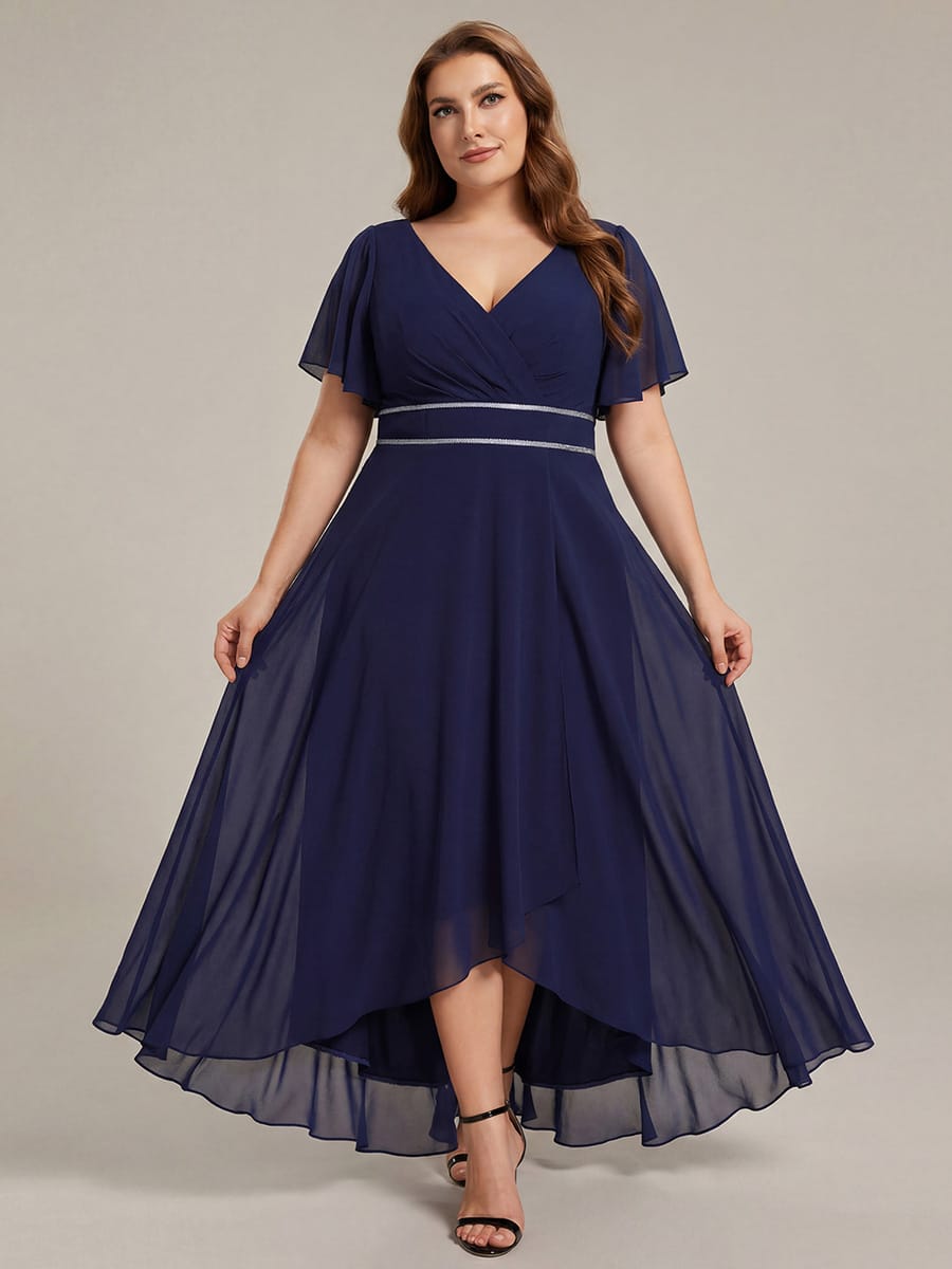 Chiffon Ruffle Sleeves Rhinestone Waist High-Low Evening Dress For Wedding #color_Navy Blue