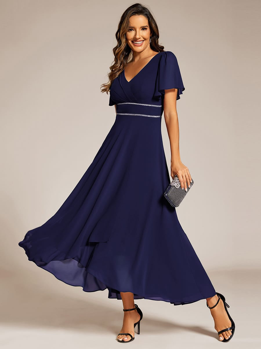 Chiffon Ruffle Sleeves Rhinestone Waist High-Low Evening Dress For Wedding #color_Navy Blue