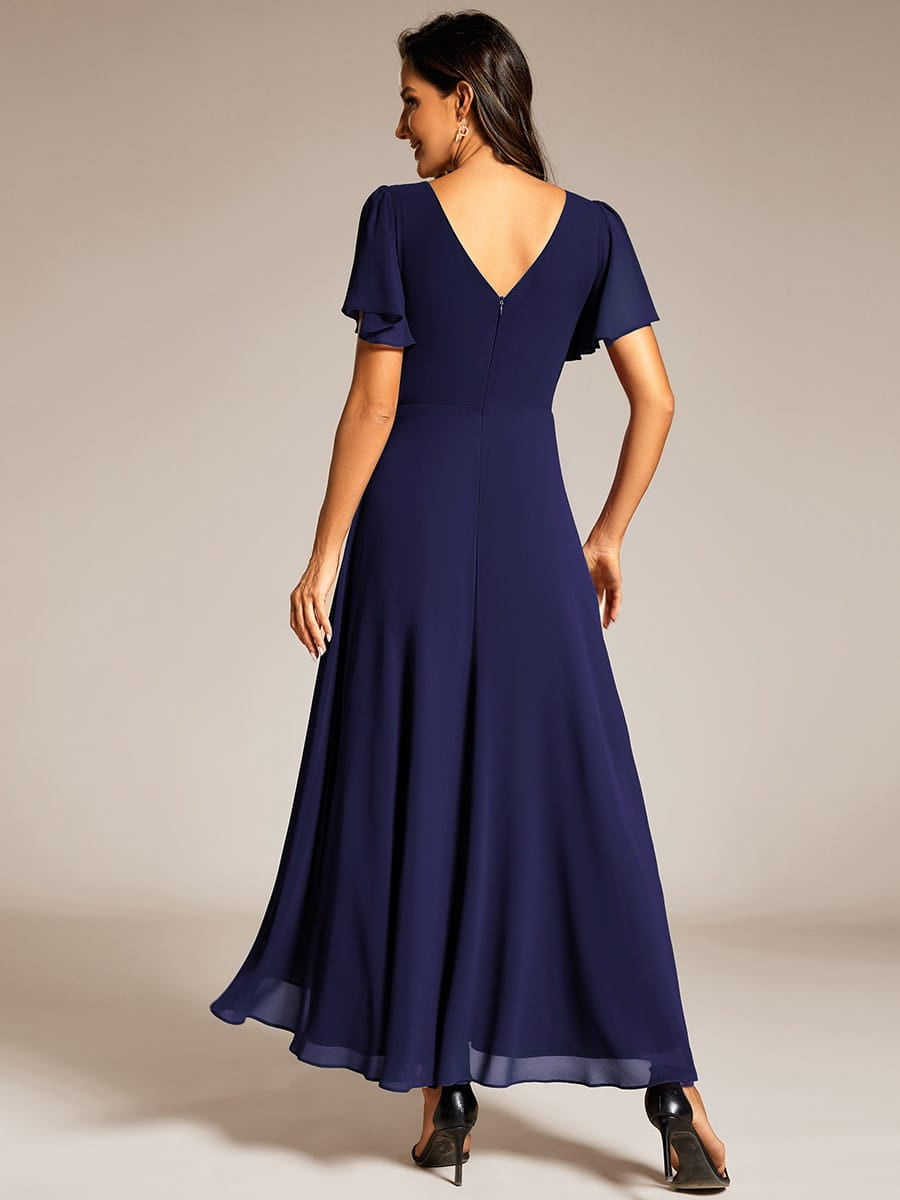 Chiffon Ruffle Sleeves Rhinestone Waist High-Low Evening Dress For Wedding #color_Navy Blue