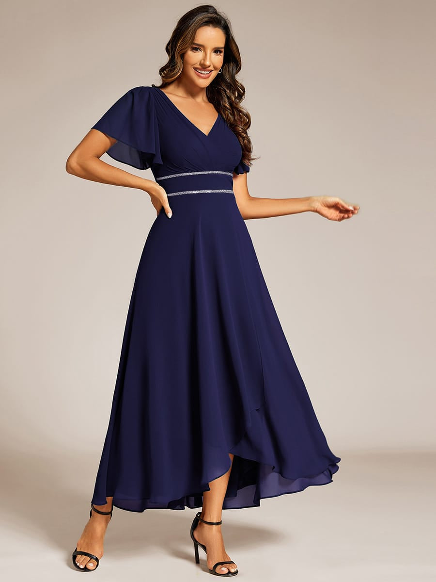 Chiffon Ruffle Sleeves Rhinestone Waist High-Low Evening Dress For Wedding #color_Navy Blue