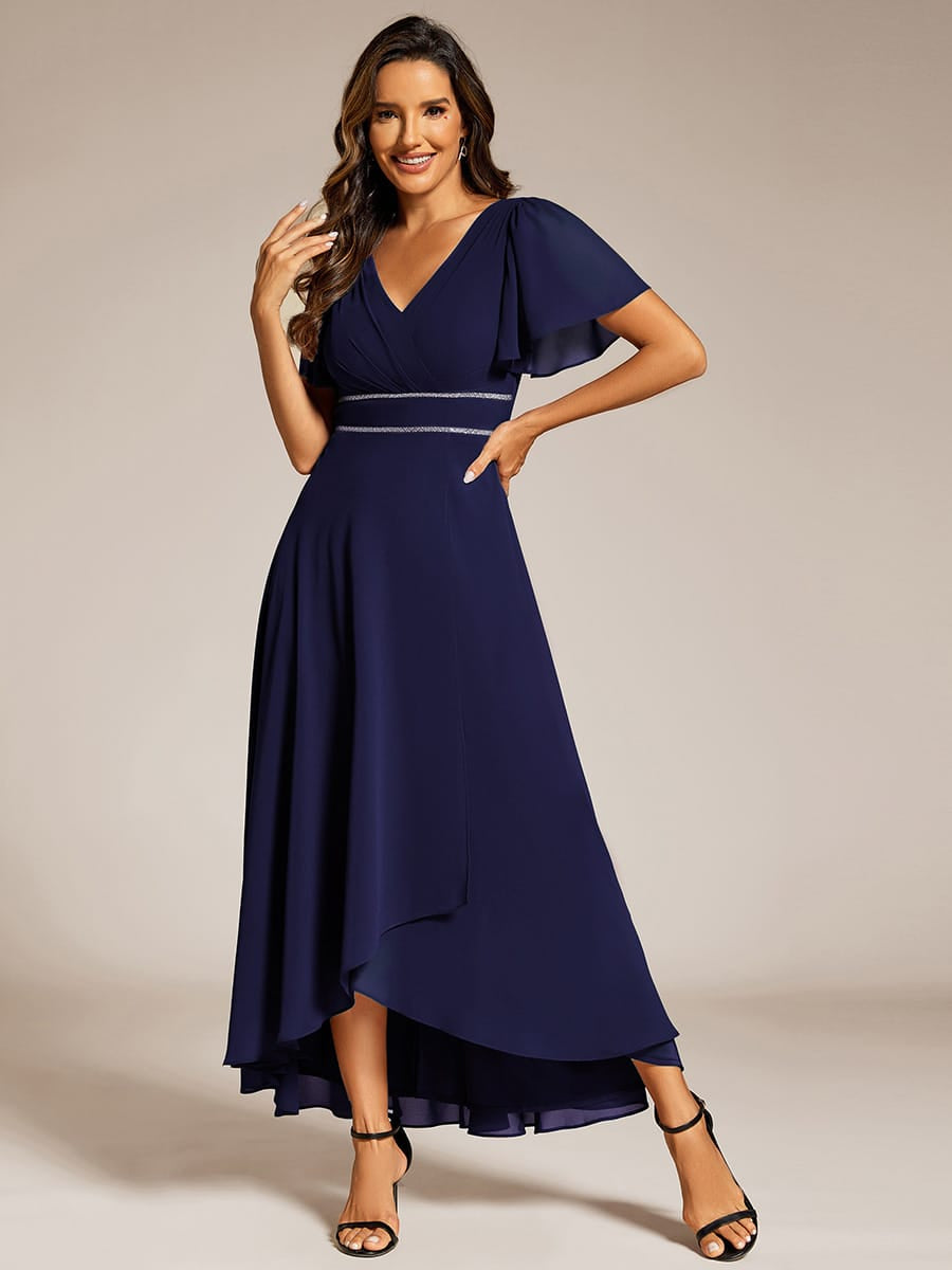 Chiffon Ruffle Sleeves Rhinestone Waist High-Low Evening Dress For Wedding #color_Navy Blue