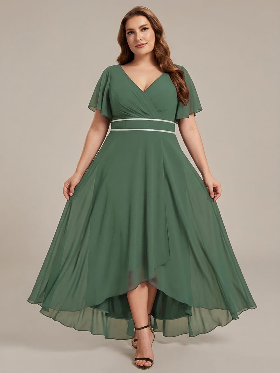 Chiffon Ruffle Sleeves Rhinestone Waist High-Low Evening Dress For Wedding #color_Eucalyptus Green