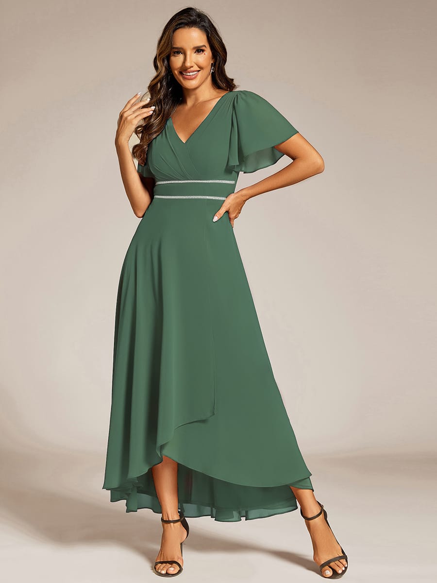 Chiffon Ruffle Sleeves Rhinestone Waist High-Low Evening Dress For Wedding #color_Eucalyptus Green