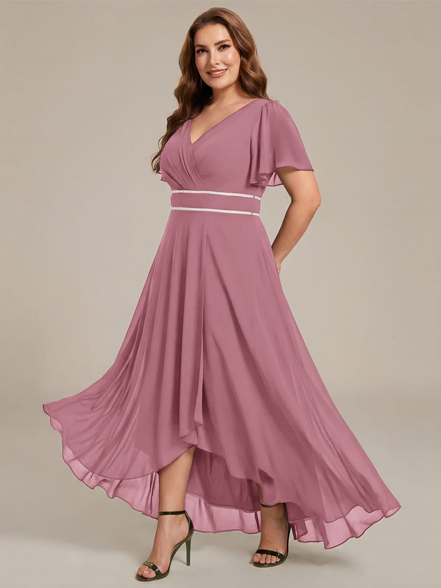 Chiffon Ruffle Sleeves Rhinestone Waist High-Low Evening Dress For Wedding #color_Purple Orchid