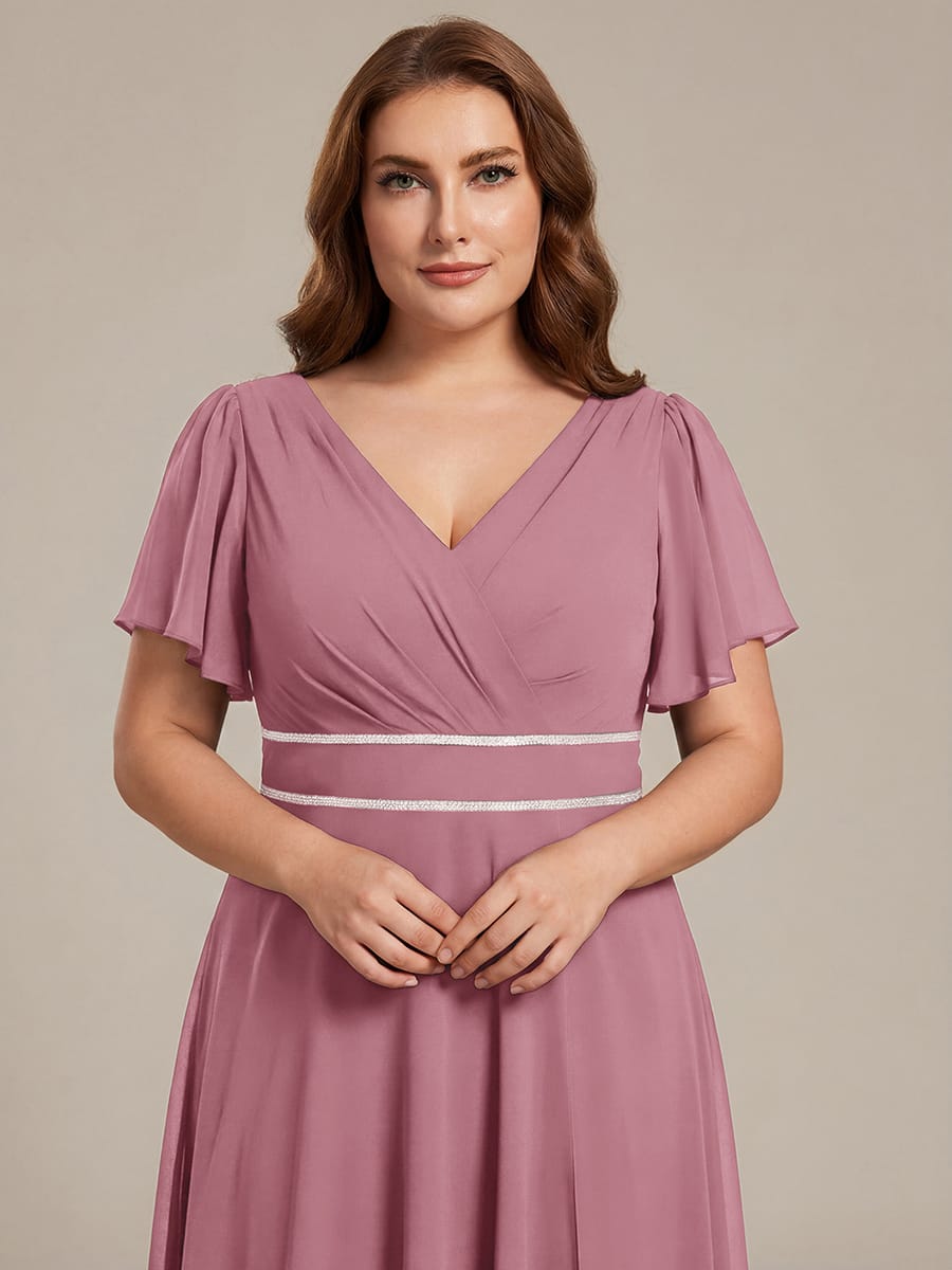 Chiffon Ruffle Sleeves Rhinestone Waist High-Low Evening Dress For Wedding #color_Purple Orchid