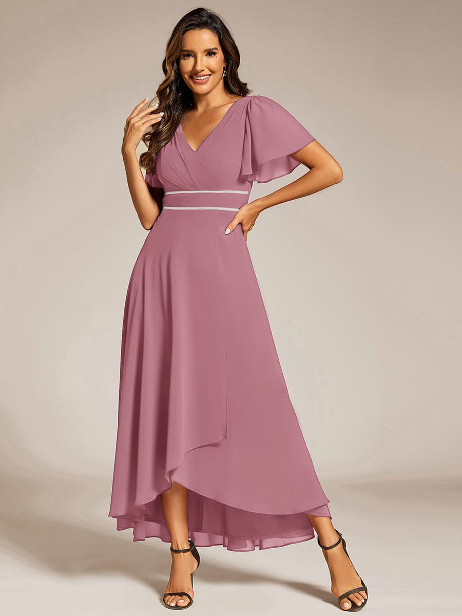 Chiffon Ruffle Sleeves Rhinestone Waist High-Low Evening Dress For Wedding #color_Purple Orchid