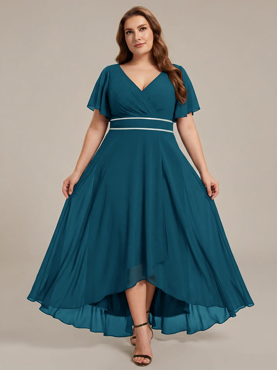 Chiffon Ruffle Sleeves Rhinestone Waist High-Low Evening Dress For Wedding #color_Teal Blue