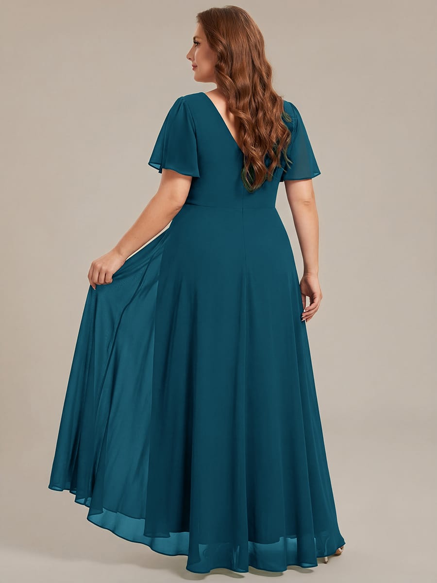 Chiffon Ruffle Sleeves Rhinestone Waist High-Low Evening Dress For Wedding #color_Teal Blue
