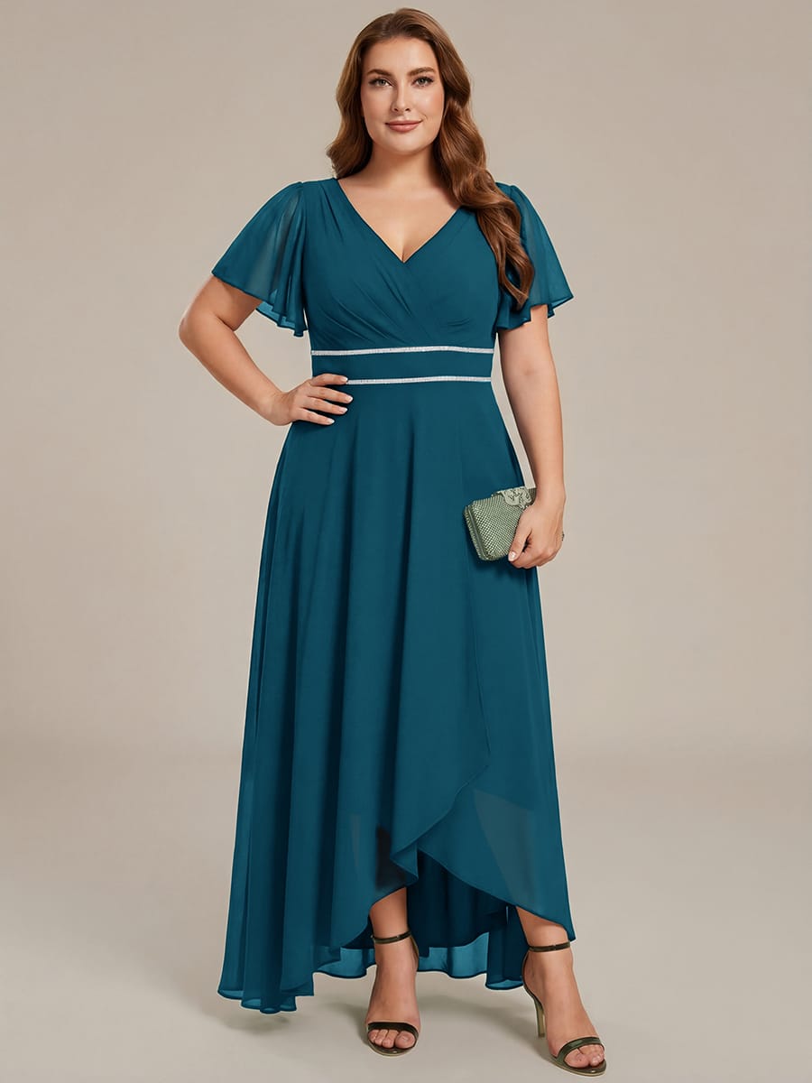 Chiffon Ruffle Sleeves Rhinestone Waist High-Low Evening Dress For Wedding #color_Teal Blue