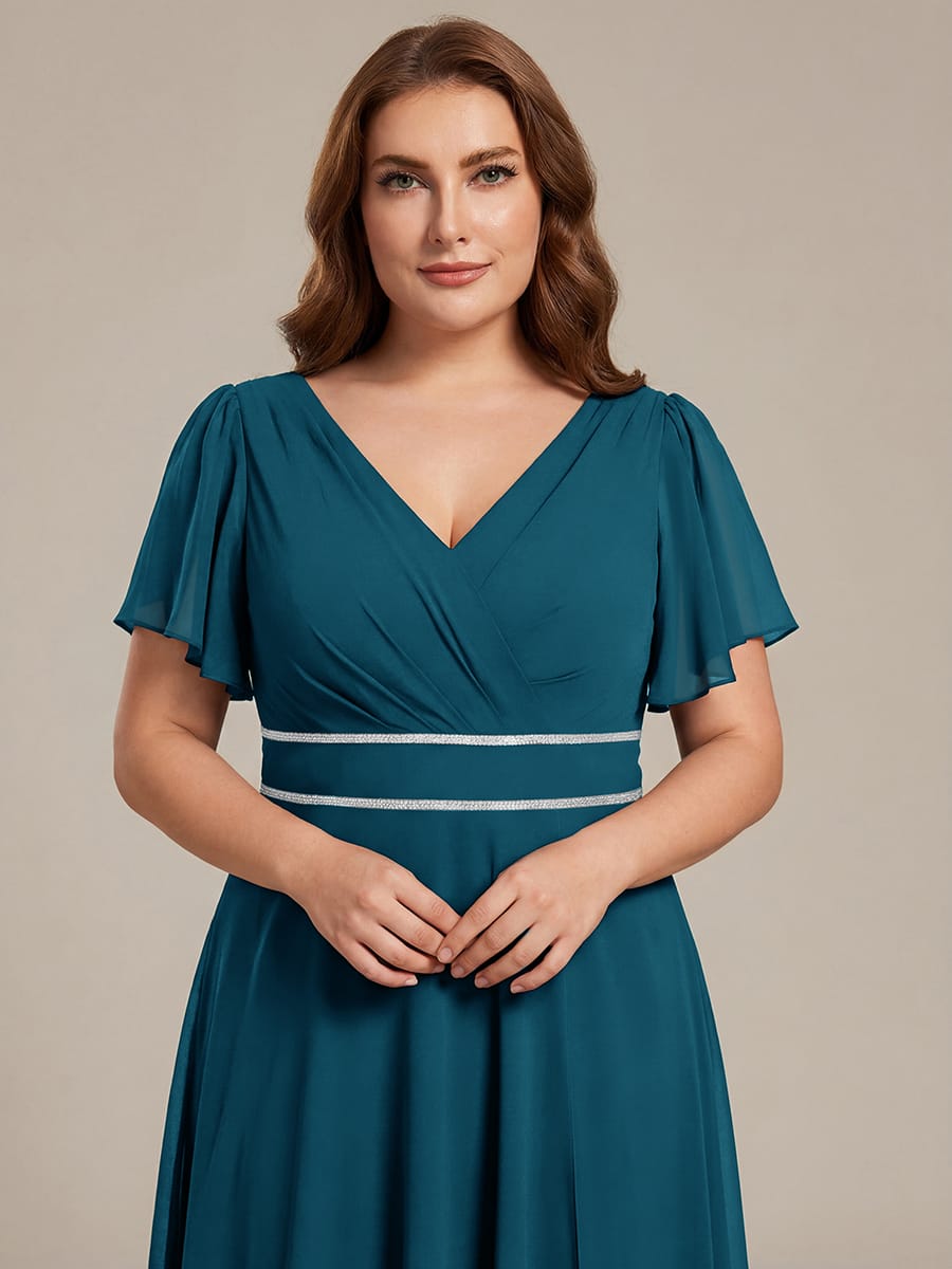 Chiffon Ruffle Sleeves Rhinestone Waist High-Low Evening Dress For Wedding #color_Teal Blue