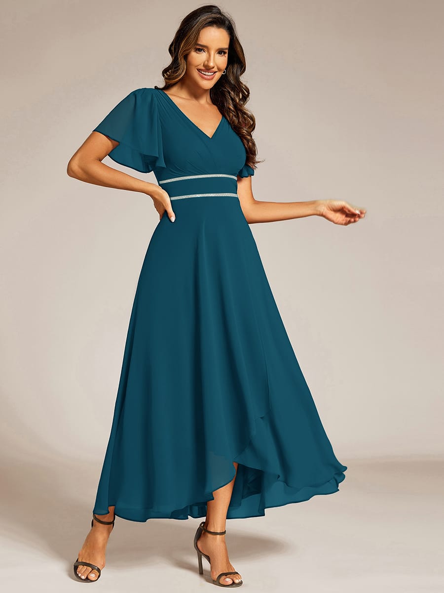 Chiffon Ruffle Sleeves Rhinestone Waist High-Low Evening Dress For Wedding #color_Teal Blue