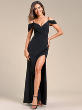 V Neck Sequin Cold shoulder Split evening dress #color_Black
