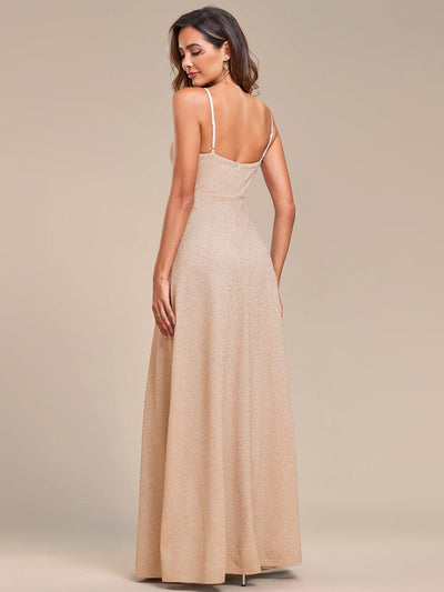 Vintage V-neck Spaghetti Straps Glitter Maxi Evening Dress #color_Blush