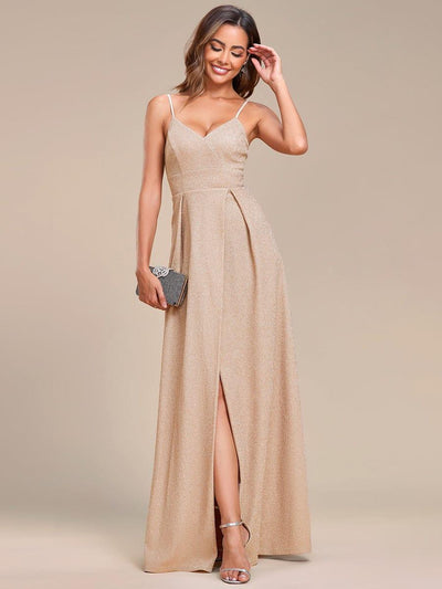 Vintage V-neck Spaghetti Straps Glitter Maxi Evening Dress #color_Blush
