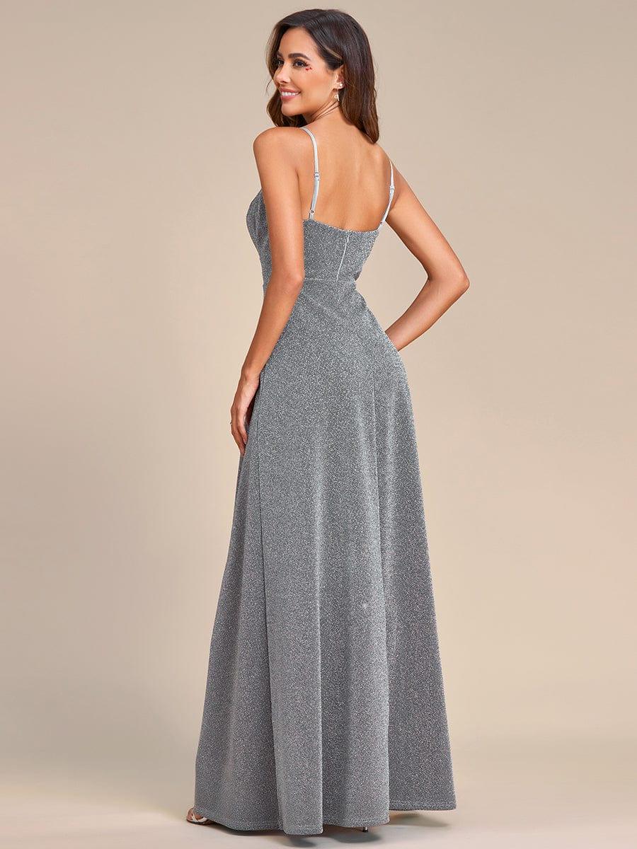 Vintage V-neck Spaghetti Straps Glitter Maxi Evening Dress #color_Grey