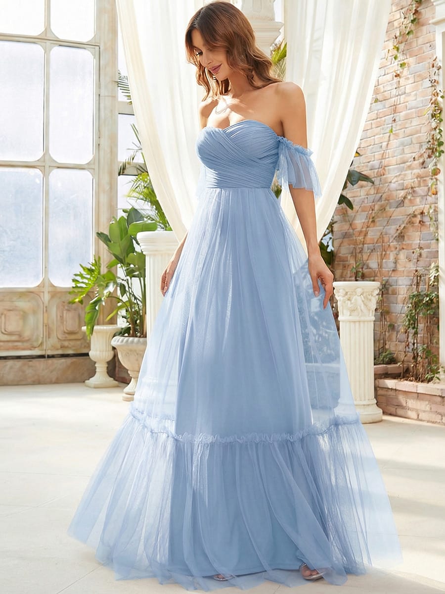 Off the Shoulder Sweetheart Pleated Tulle Evening Dress #color_Ice Blue