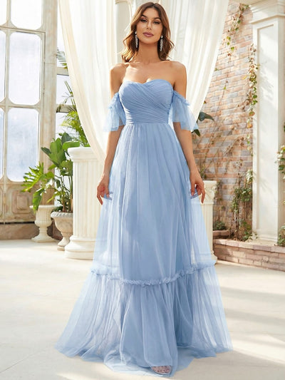 ever LUCIE|Off the Shoulder Sweetheart Pleated Tulle Evening Dress