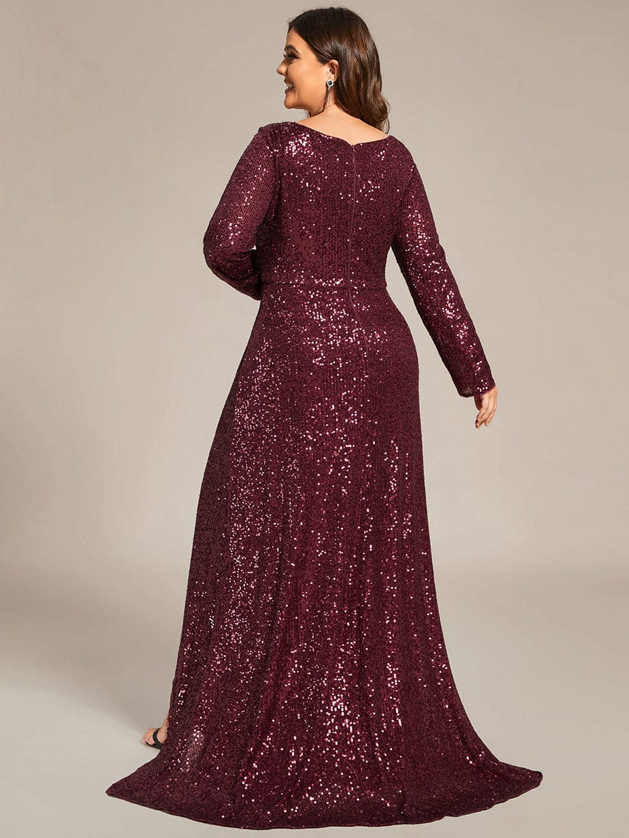 Sequin V-Neck Long Sleeve Evening Dress #color_Burgundy