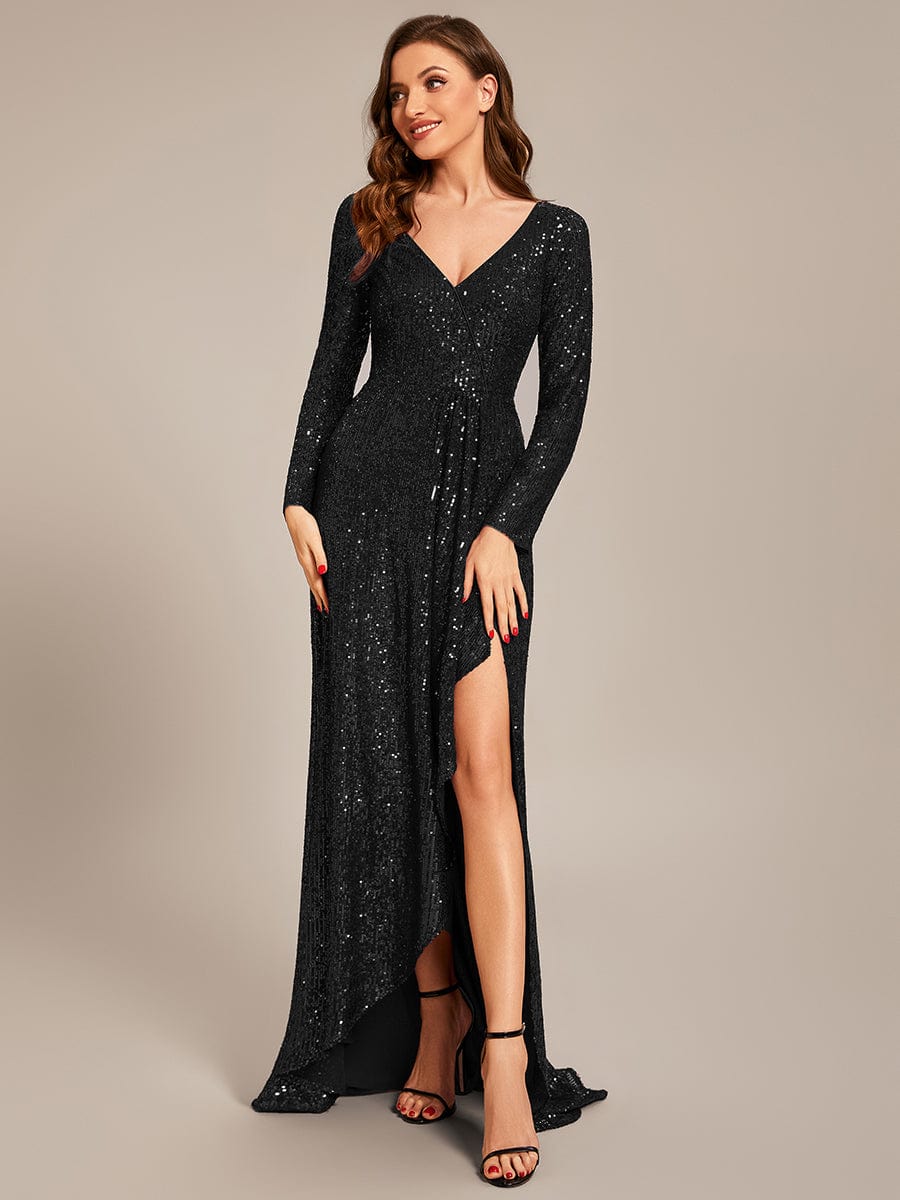 Long Sleeve V-neck Asymmetrical Hem Sequin Evening Dress #color_Black