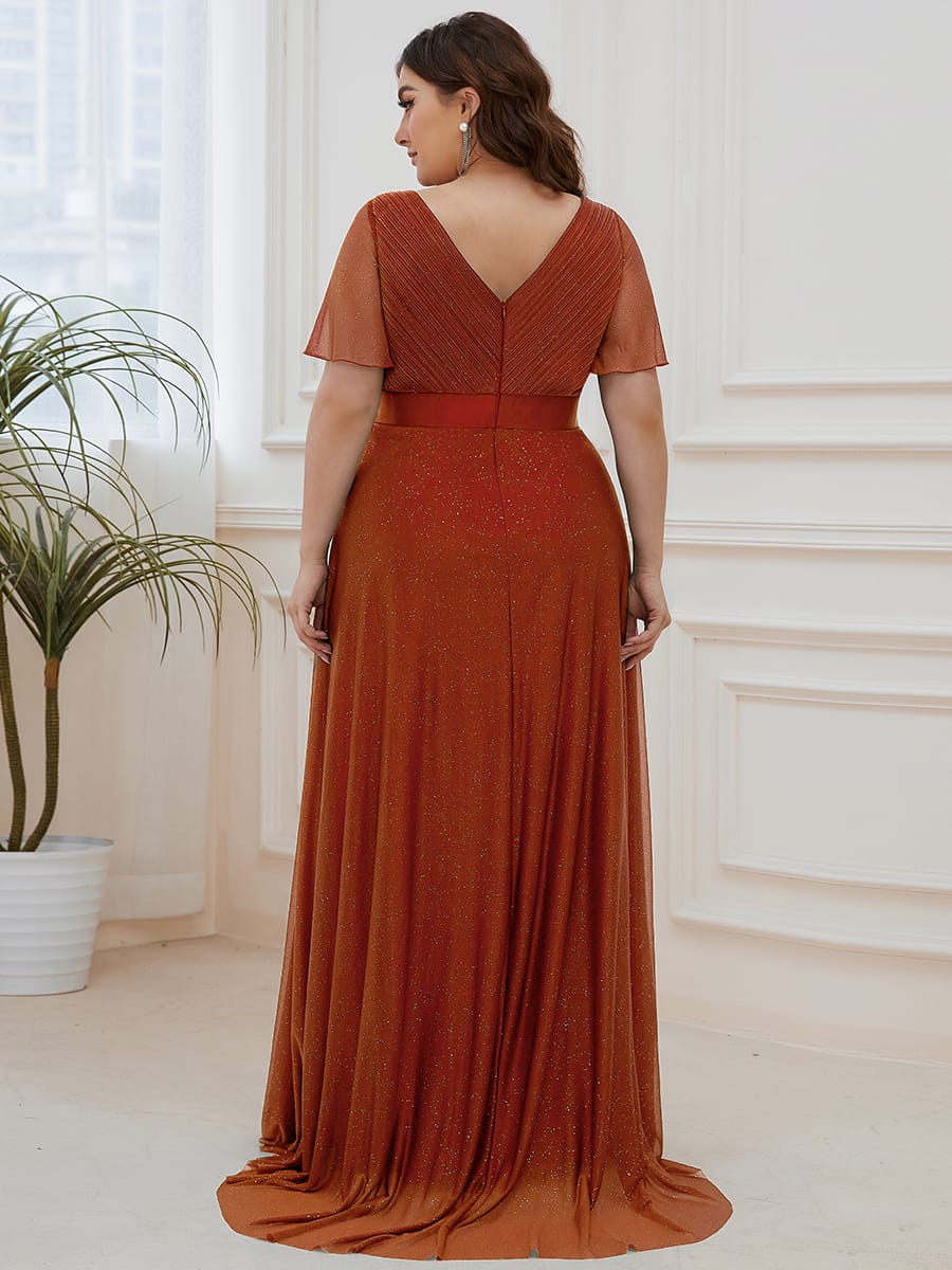 Long Shimmery Flutter Sleeve Pleated V-Neck Evening Dress #color_Burnt Orange