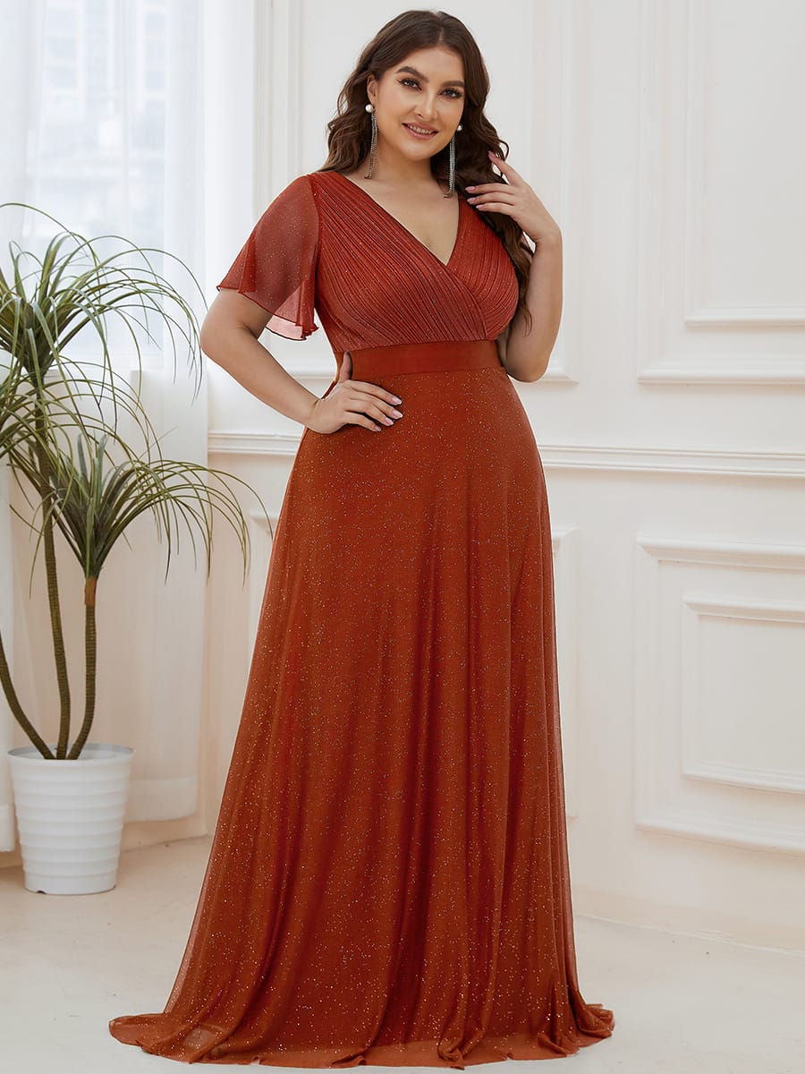 Long Shimmery Flutter Sleeve Pleated V-Neck Evening Dress #color_Burnt Orange