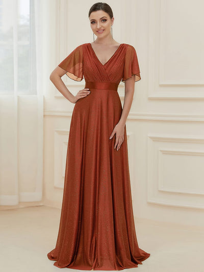 ever LIORÉ|Long Shimmery Flutter Sleeve Pleated V-Neck Evening Dress