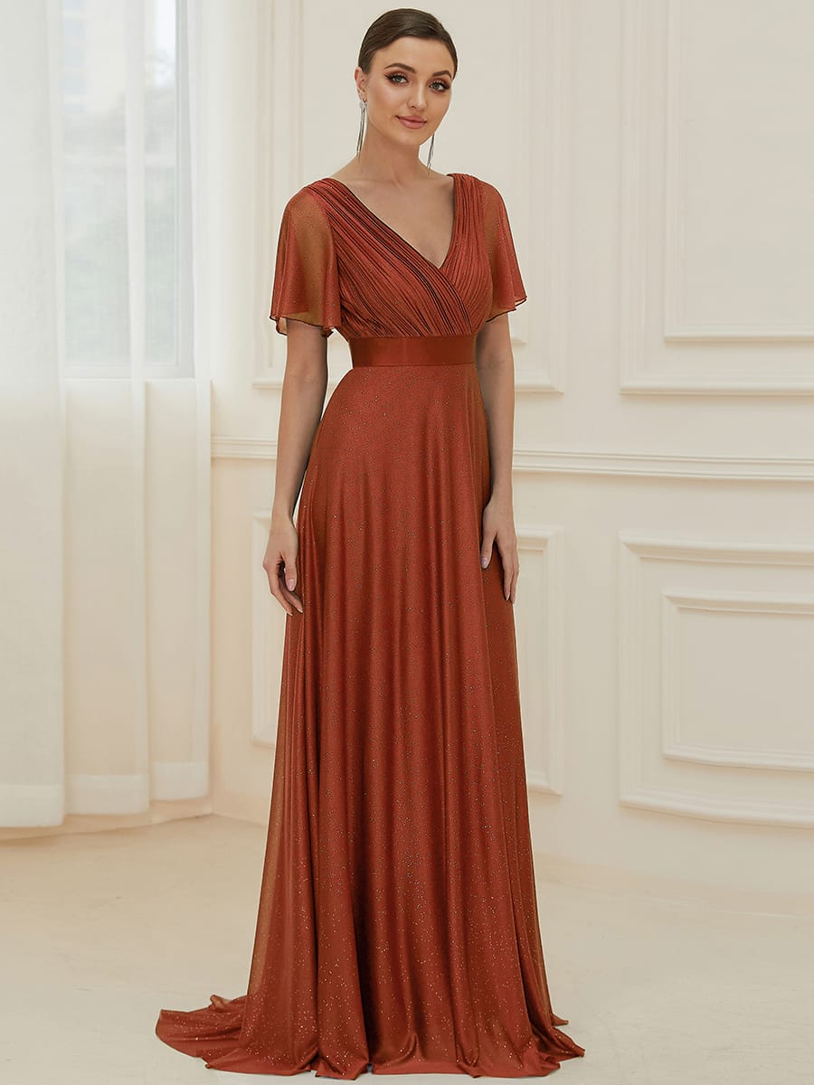Long Shimmery Flutter Sleeve Pleated V-Neck Evening Dress #color_Burnt Orange