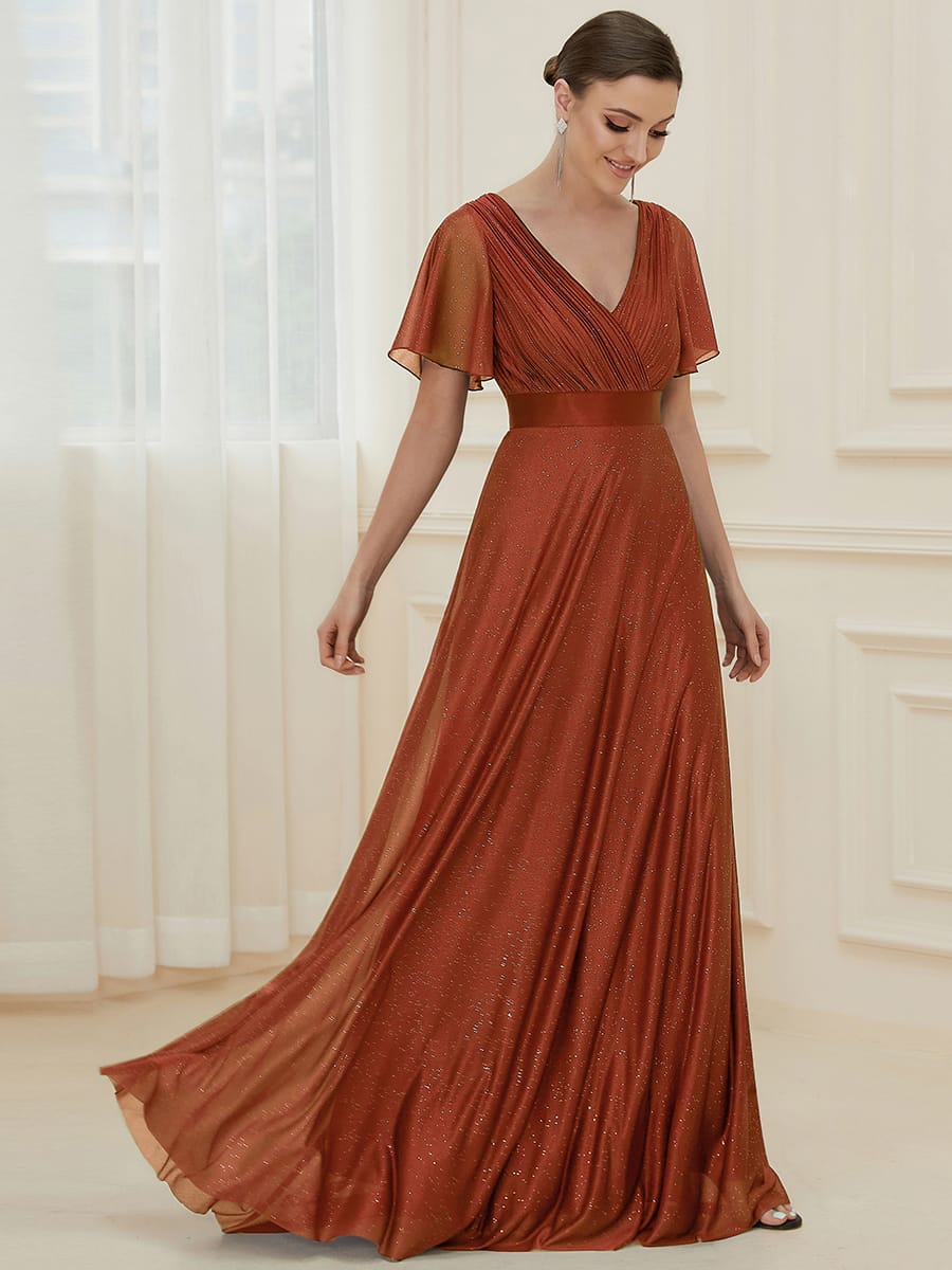 Long Shimmery Flutter Sleeve Pleated V-Neck Evening Dress #color_Burnt Orange