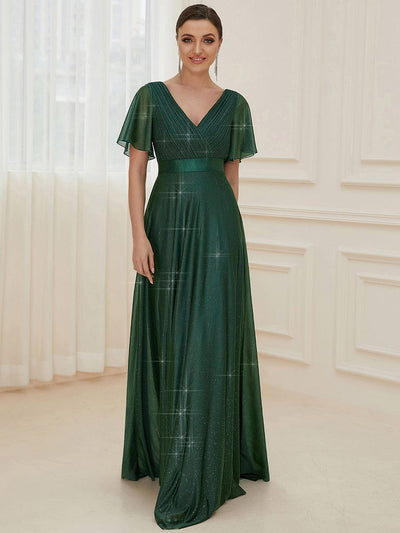Long Shimmery Flutter Sleeve Pleated V-Neck Evening Dress #color_Dark Green