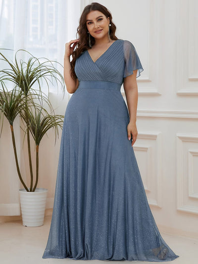 ever LIORÉ|Long Shimmery Flutter Sleeve Pleated V-Neck Evening Dress