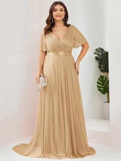 Plus Size Long Shimmery Pleated V-Neck Evening Dress with Flutter Sleeve #color_Gold