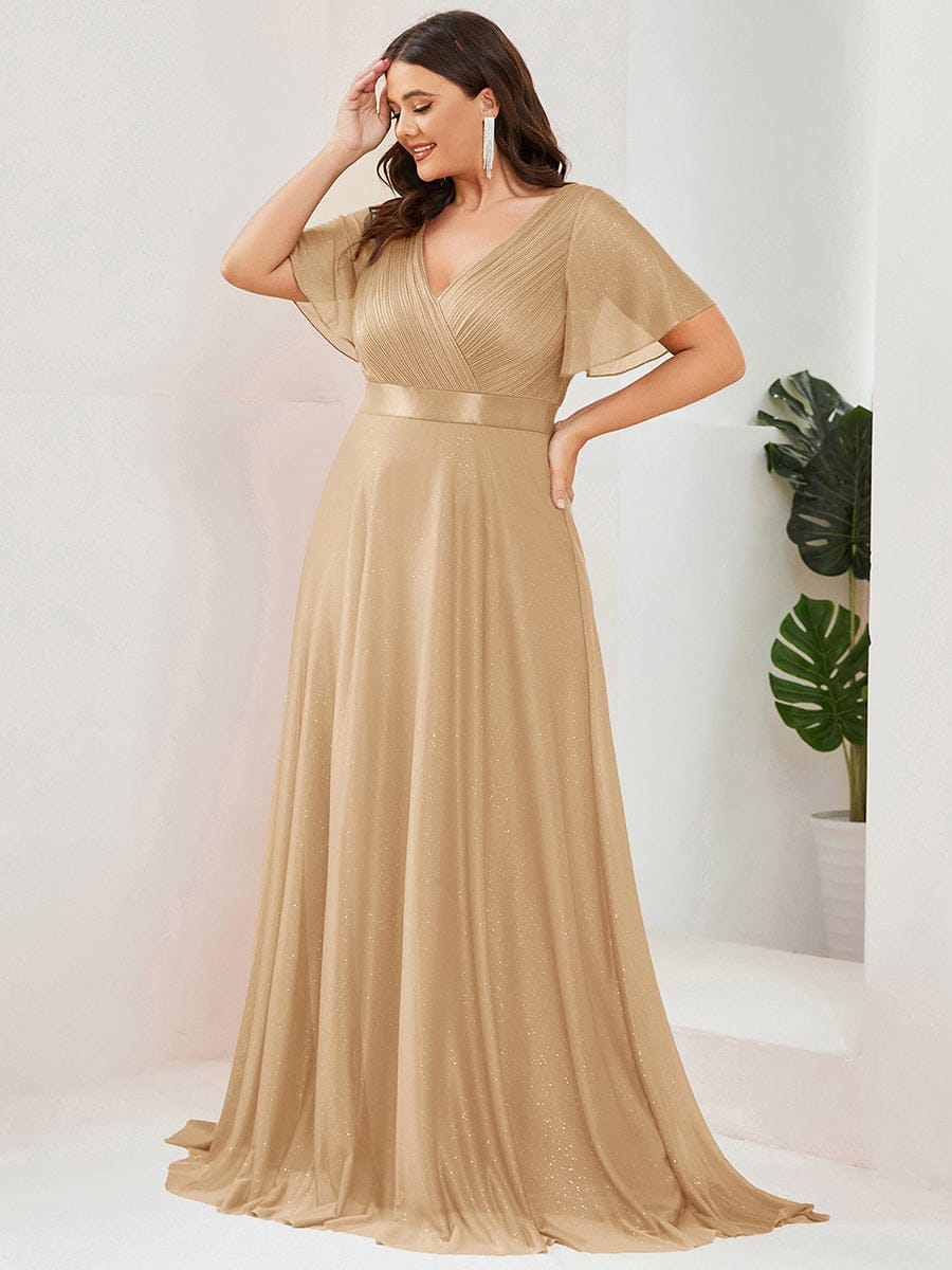 Long Shimmery Flutter Sleeve Pleated V-Neck Evening Dress #color_Gold