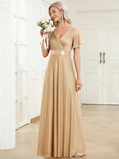 Long Shimmery Flutter Sleeve Pleated V-Neck Evening Dress #color_Gold