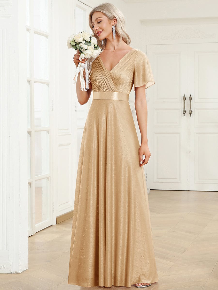 Long Shimmery Flutter Sleeve Pleated V-Neck Evening Dress #color_Gold