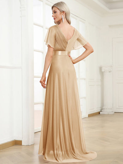 Long Shimmery Flutter Sleeve Pleated V-Neck Evening Dress #color_Gold