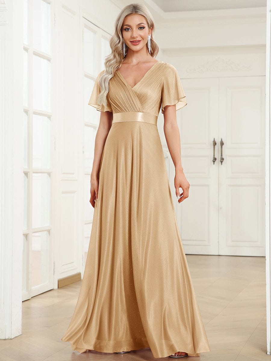 Long Shimmery Flutter Sleeve Pleated V-Neck Evening Dress #color_Gold