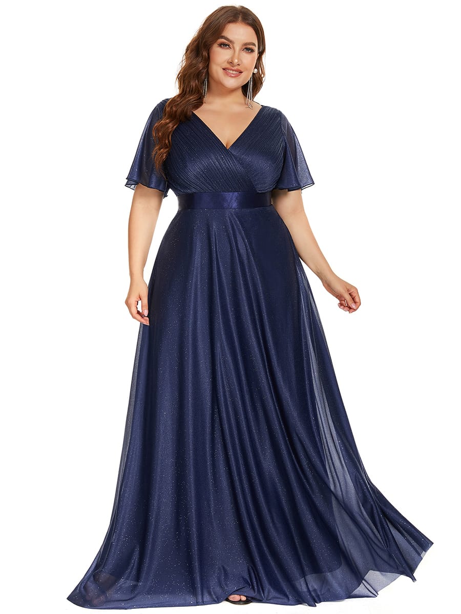 Long Shimmery Flutter Sleeve Pleated V-Neck Evening Dress #color_Navy Blue
