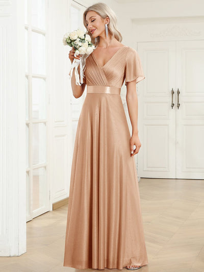 Long Shimmery Flutter Sleeve Pleated V-Neck Evening Dress #color_Rose Gold