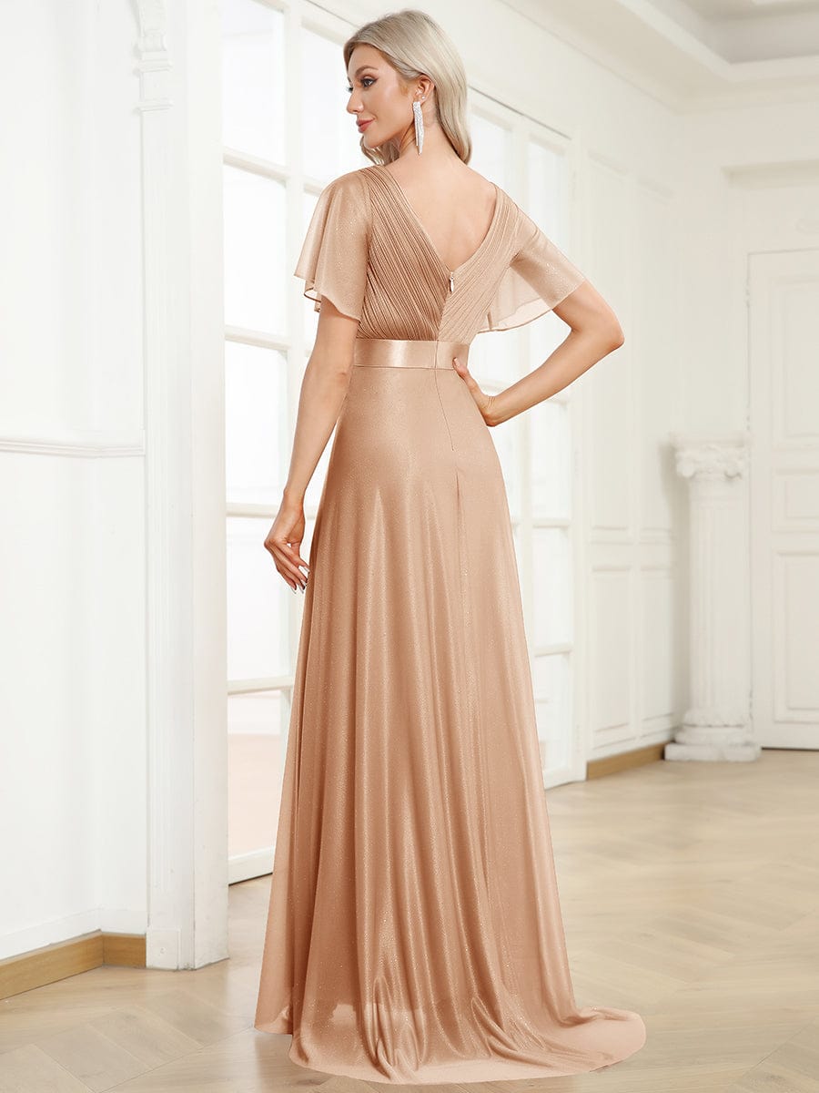 Long Shimmery Flutter Sleeve Pleated V-Neck Evening Dress #color_Rose Gold