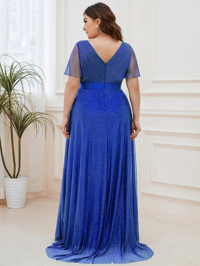 Plus Size Long Shimmery Pleated V-Neck Evening Dress with Flutter Sleeve #color_Sapphire Blue